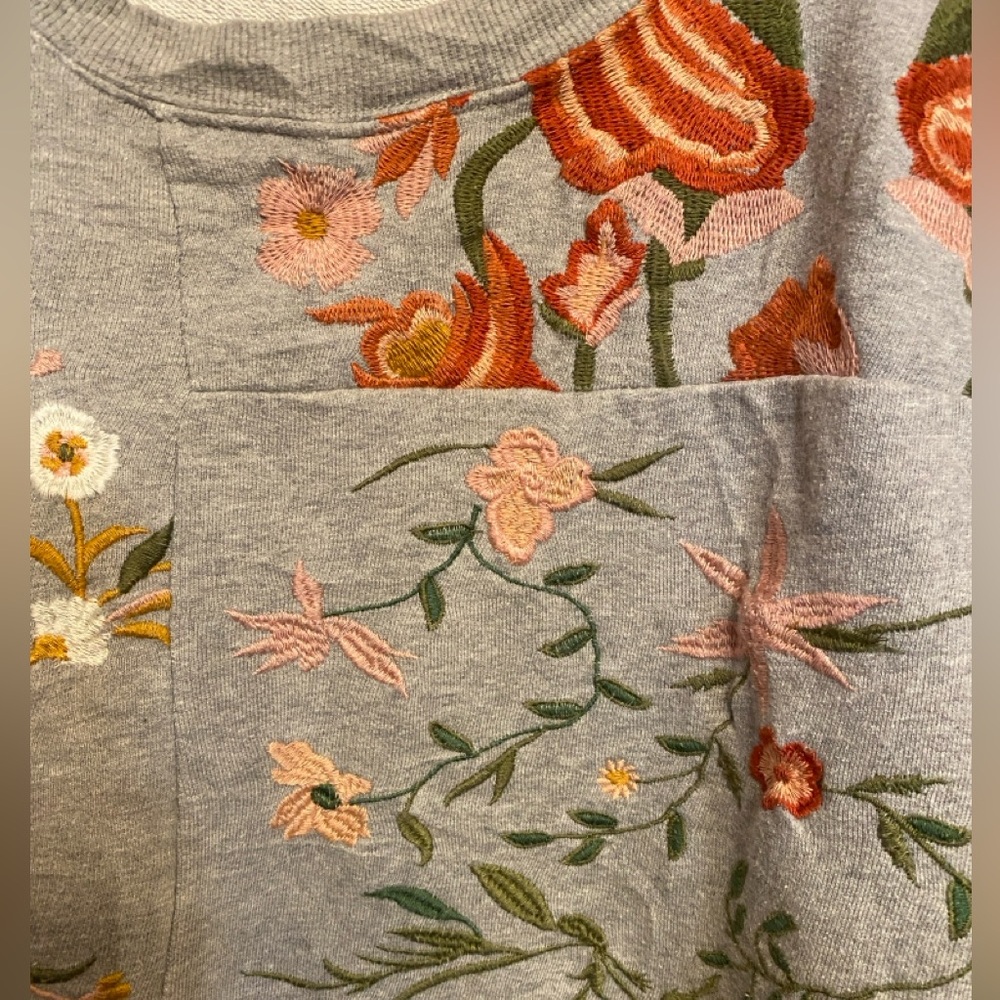 Anthropologie Maeve Embroidered Gray Cotton Knit Sweatshirt Size 1X - Picture 3 of 8